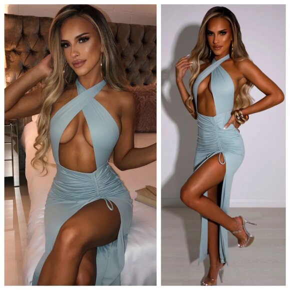 Babyboo Shanaya Sage Green Blue Cross Neck Halter Cut Out Ruched Slit Maxi Dress - Picture 1 of 7